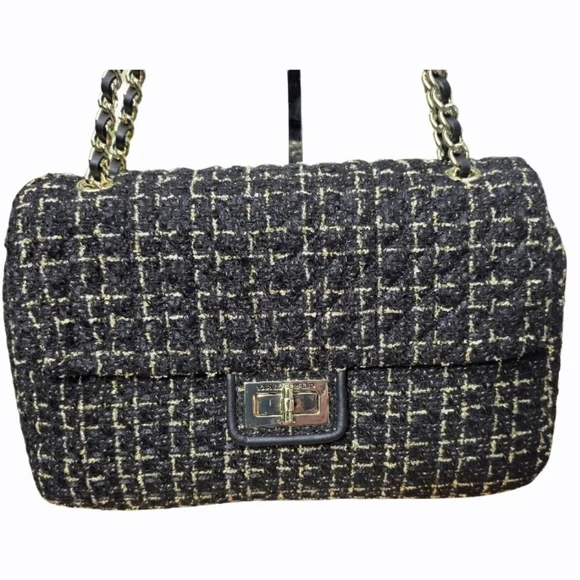Karl Lagerfeld Tweed & Leather Bag w/ Adjustable Chain Strap NWT